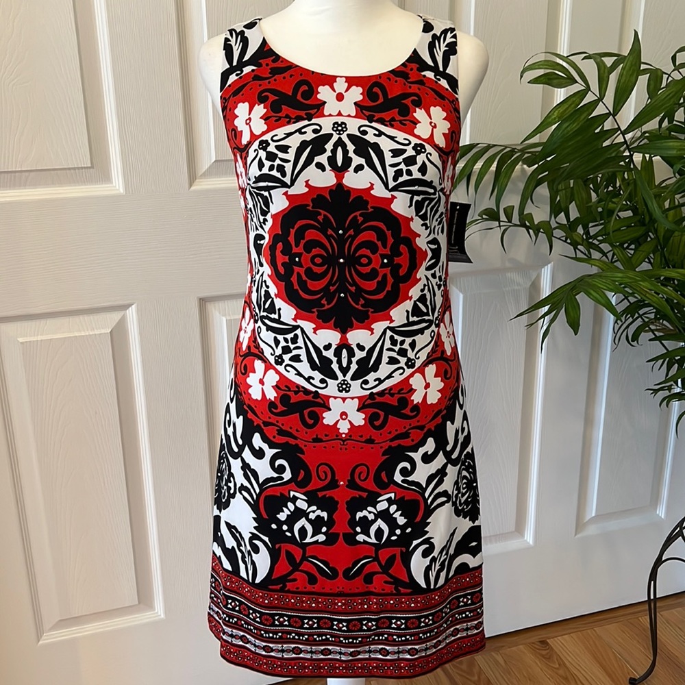 INC Red white black sleeveless floral Baroque dress size XS NWT